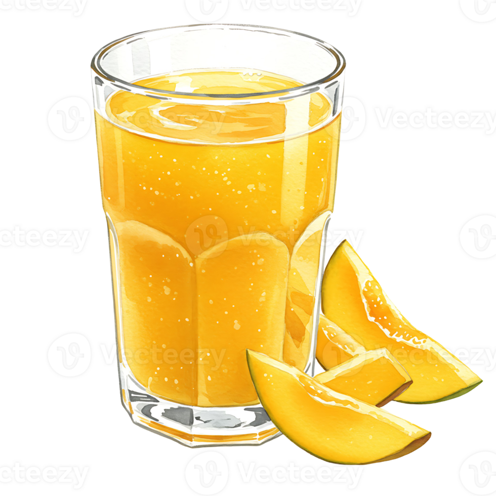 A Watercolor of yellow liquid with fruit slices, a reWatercoloring beverage with a tropical and vibrant appearance on transparent background png