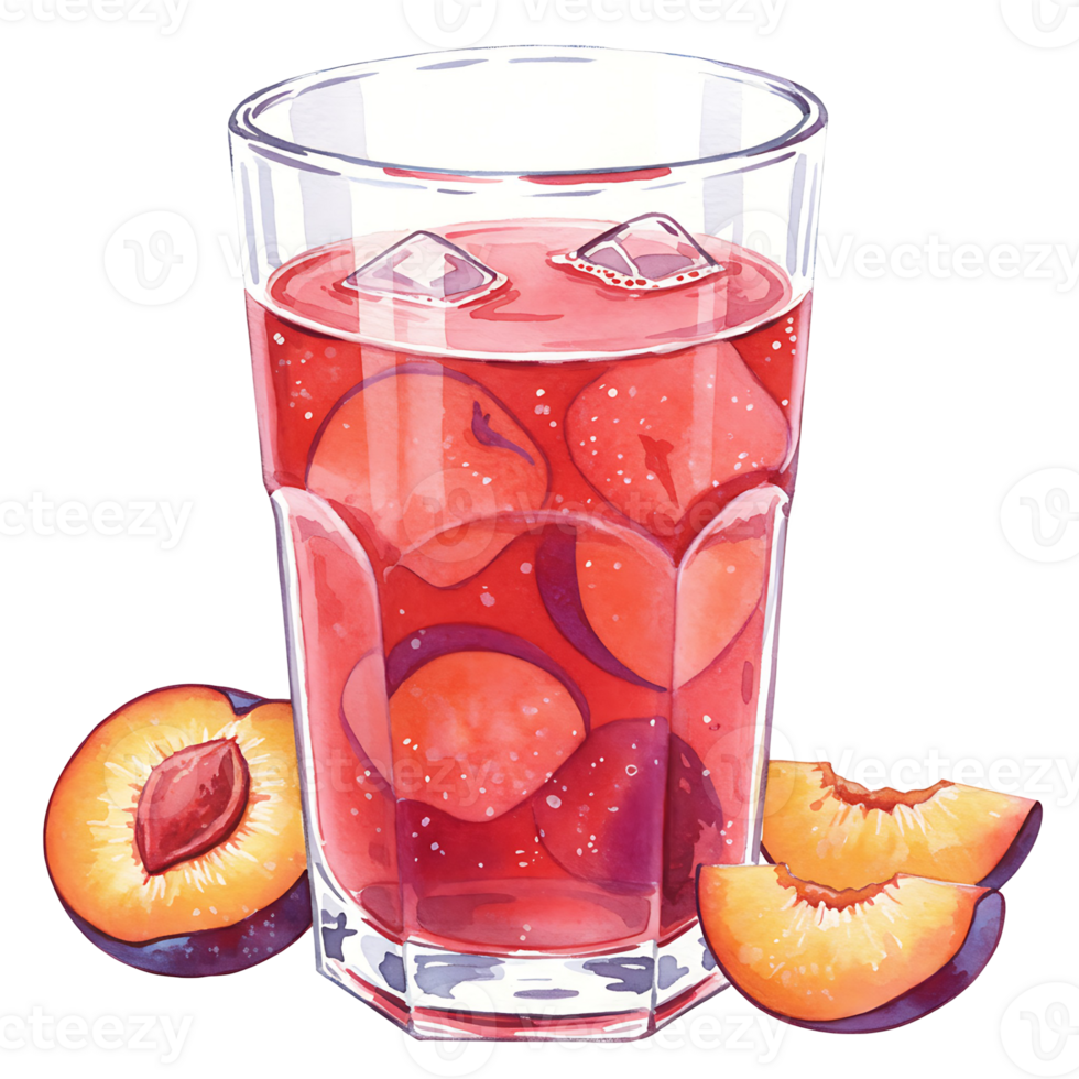 A reWatercoloring plum beverage with ice cubes in a clear Watercolor next to sliced plums on a plain setting on transparent background png