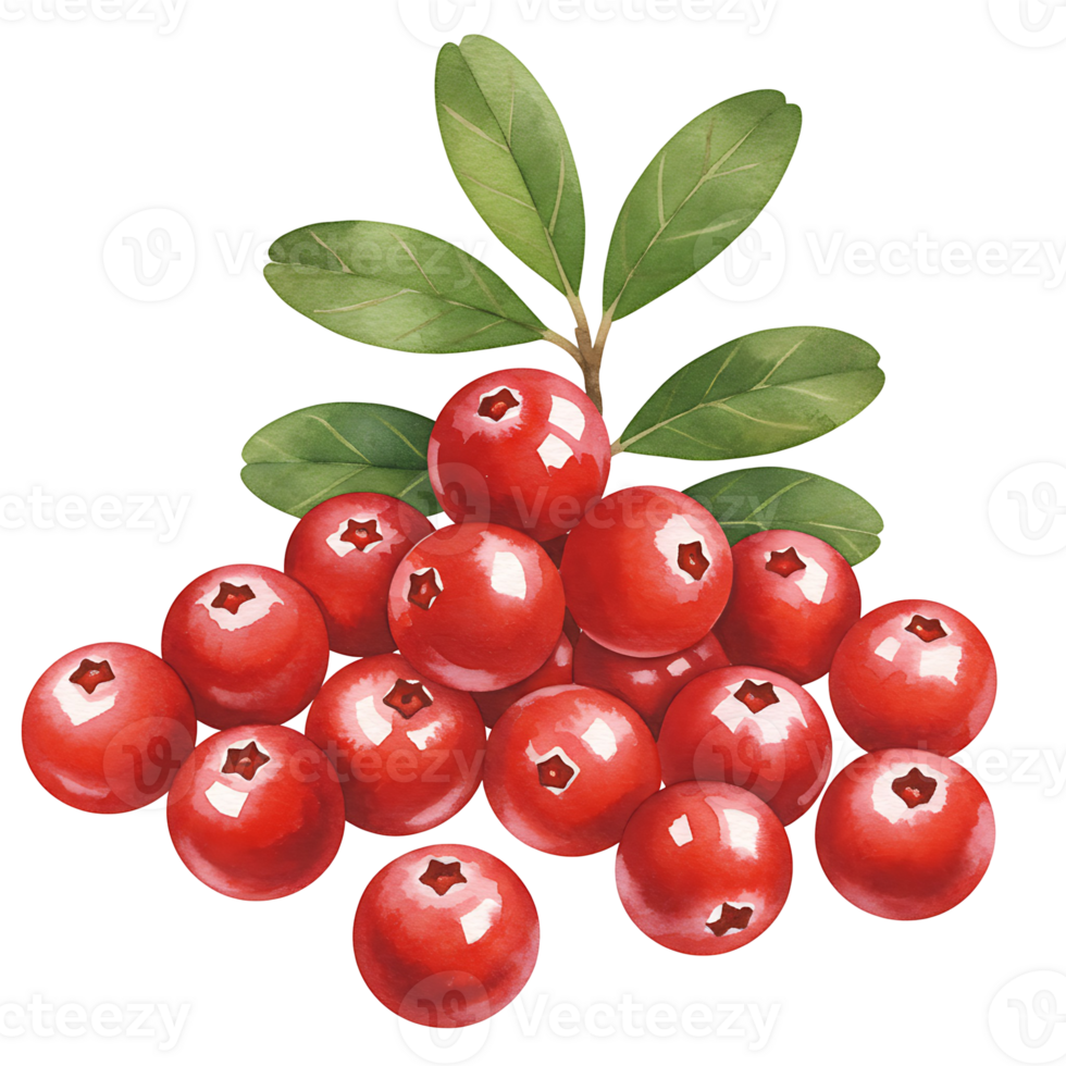 A cluster of red cranberries with green leaves presented against a plain background image for designs on transparent background png