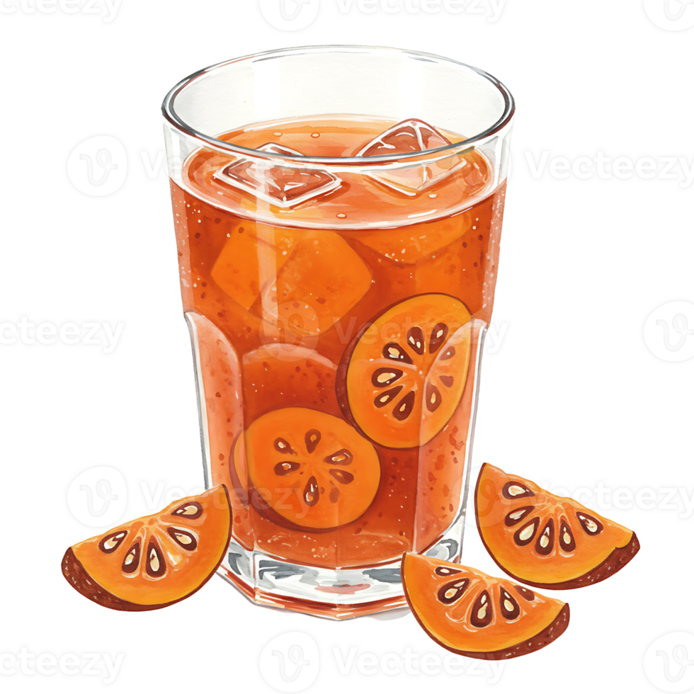 A reWatercoloring beverage with ice cubes and orange slices in a clear Watercolor on a plain setting view on transparent background png