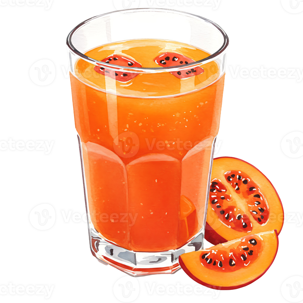 A Watercolor of orange juice with pieces of fruit and fruit slices on the side of the Watercolor drink shown on transparent background png