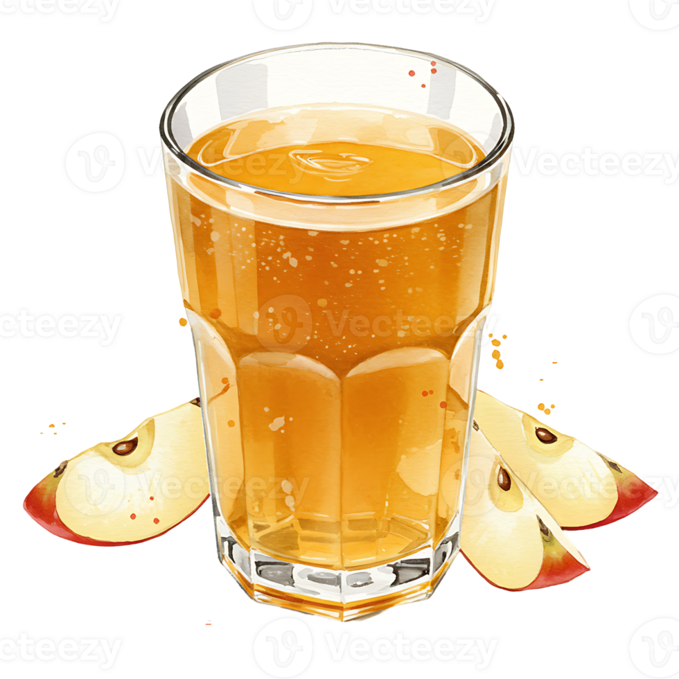 A Watercolor of apple juice with apple slices on a plain setting creating a reWatercoloring and tasty beverage image on transparent background png