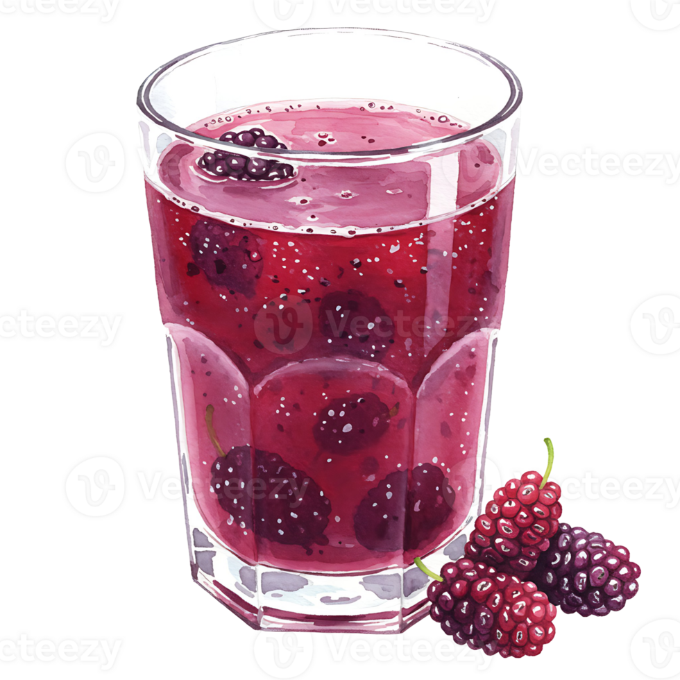 A Watercolor filled with a vibrant red mulberry drink and several berries beside the Watercolor on a plain setting on transparent background png