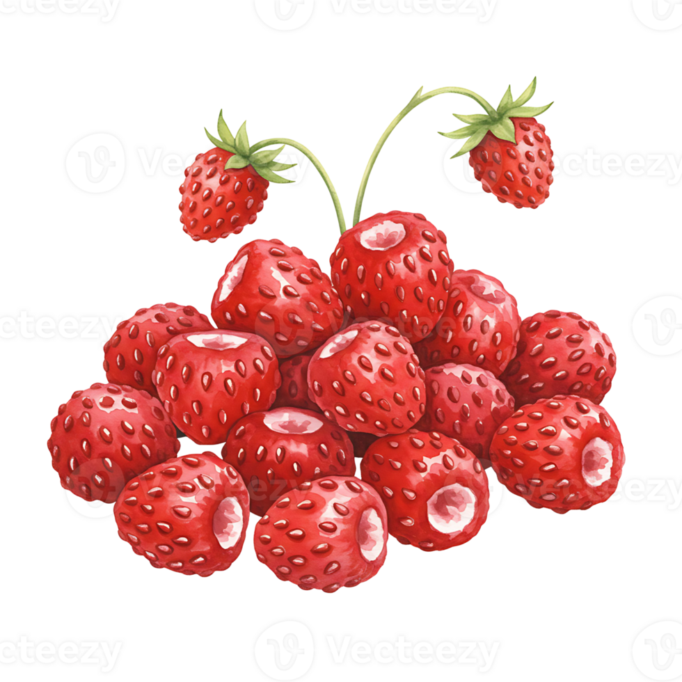 A vibrant pile of ripe strawberries with stems against a plain setting creating a Watercolor food vibe on transparent background png