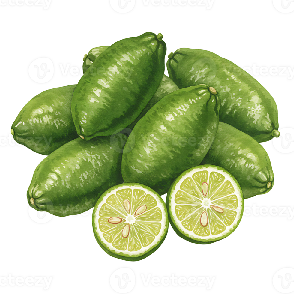 A Watercolor of green finger limes with one cut in half showing the pulp on an isolated environment on transparent background png