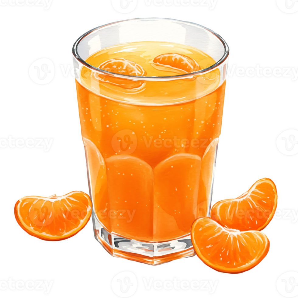 A Watercolor filled with vibrant citrus juice and tangerine segments displayed against a neutral space on transparent background png