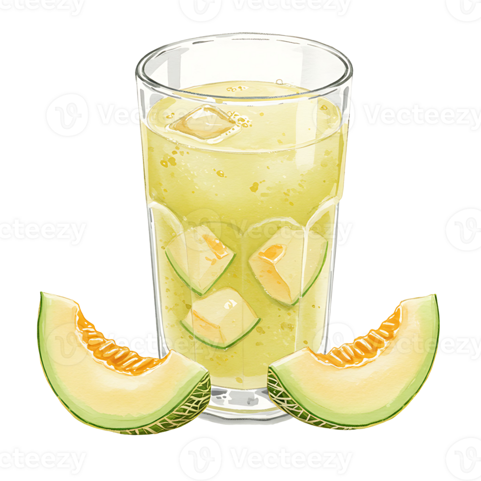 A reWatercoloring melon drink in a tall Watercolor with ice cubes and melon slices at the base of the Watercolor on transparent background png