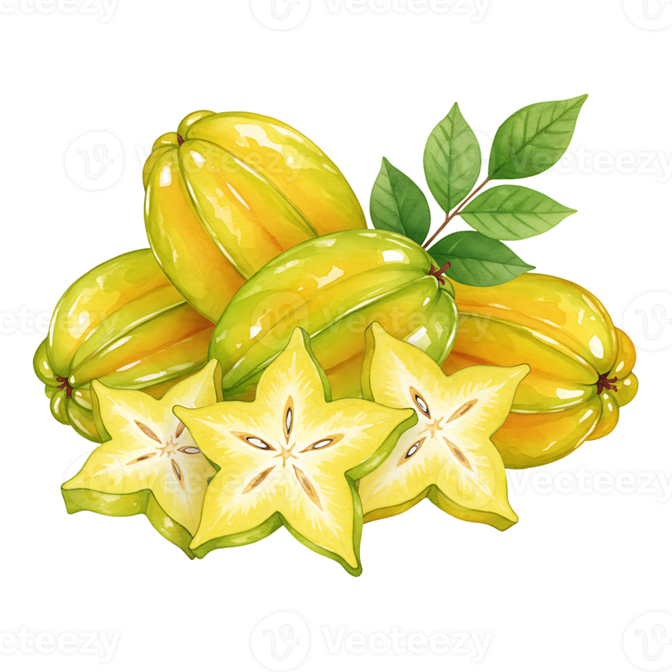 A vibrant still life of several whole and sliced star fruits with green leaves on a plain setting on transparent background png