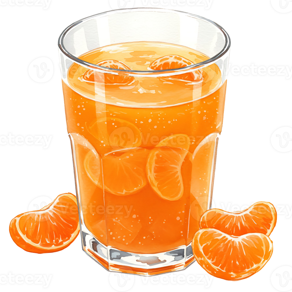 A Watercolor filled with vibrant citrus beverage and segments of tangerine fruit on a plain surface on transparent background png