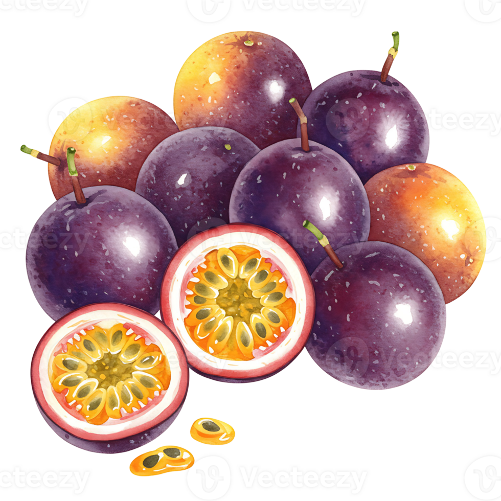 A vibrant arrangement of passion fruit with sliced halves revealing the juicy pulp and seeds inside on transparent background png