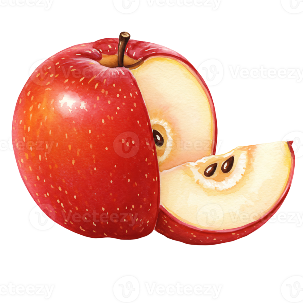A vibrant red apple with a slice removed revealing its core and seeds on a plain colored space on transparent background png