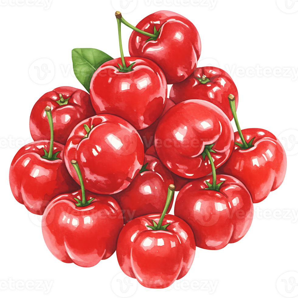 A vibrant cluster of ripe cherries with green stems against a plain transparent setting here now on transparent background png