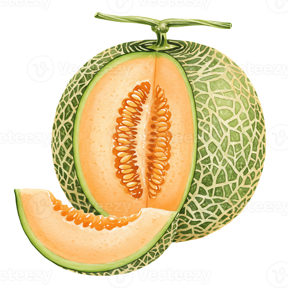 A cantaloupe melon with a slice cut out showing the seeds and the orange flesh of the fruit inside on transparent background png