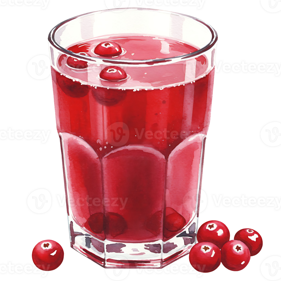 A Watercolor filled with red cranberry juice and some cranberries scattered around on the surface and the bottom on transparent background png