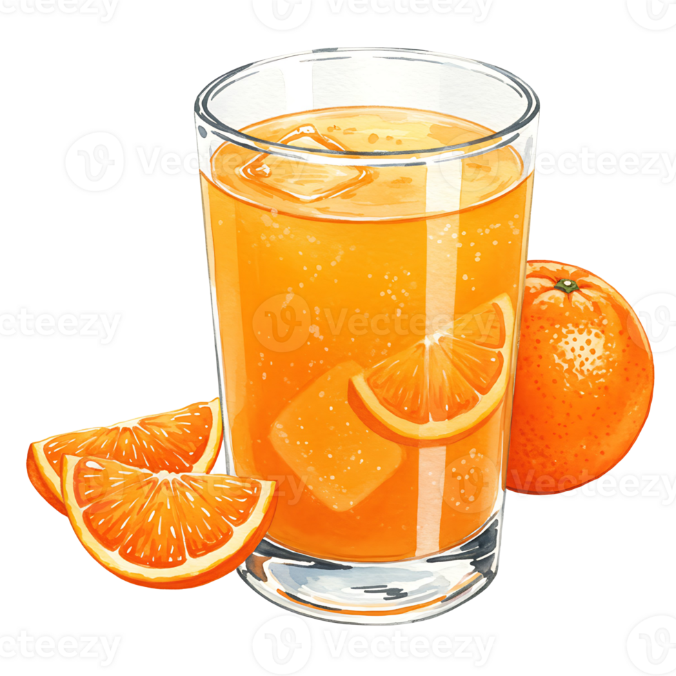 A Watercolor of orange juice with ice cubes and orange slices on a plain color background illustration on transparent background png