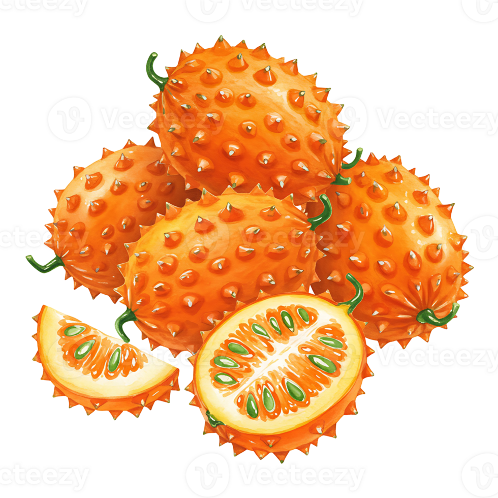 A vibrant display of horned melons with sliced pieces revealing the inner seeds and juicy pulp inside on transparent background png