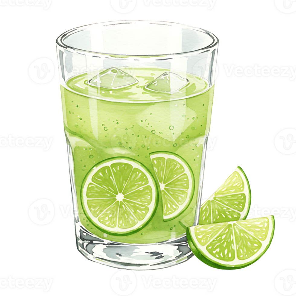 ReWatercoloring lime beverage in a Watercolor with ice cubes and lime slices on a plain presentation space on transparent background png