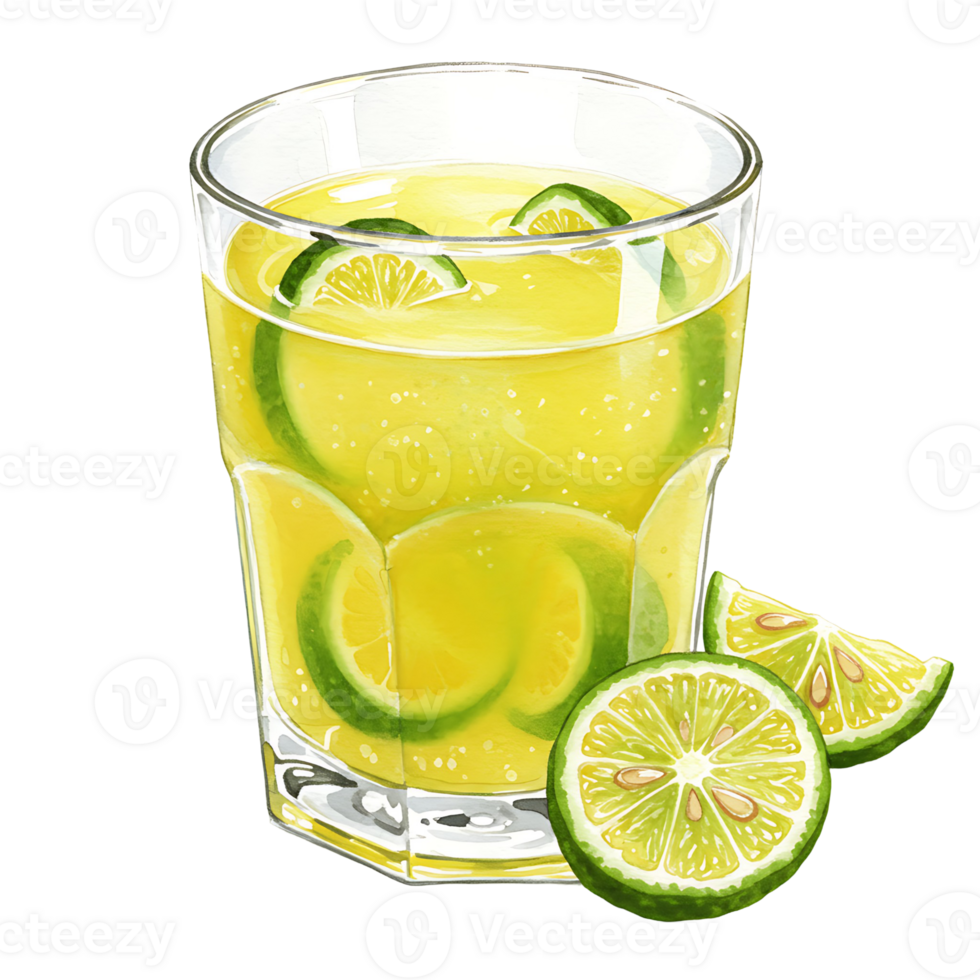 A reWatercoloring beverage in a Watercolor with lime slices and a vibrant yellow liquid on a plain setting on transparent background png