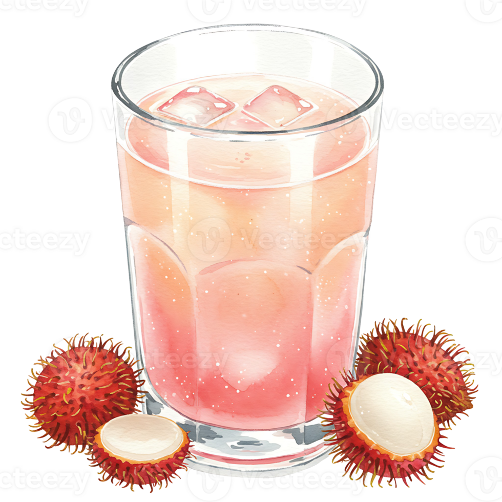 A reWatercoloring Watercolor of pink drink with ice cubes and rambutan fruits placed around the base of the Watercolor on transparent background png