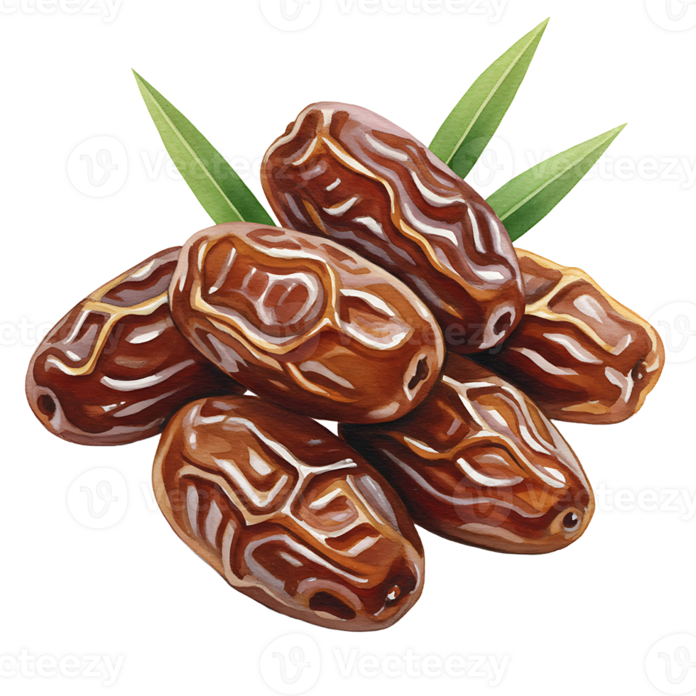 A pile of six dates with green leaves behind them on a plain colored area around the dates on transparent background png
