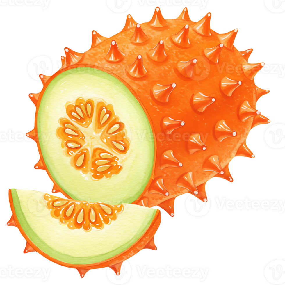A vibrant depiction of a horned melon with slices revealing its unique interior structure and texture close up on transparent background png