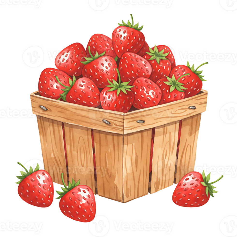 A basket overflowing with Watercolor red strawberries and a few scattered around the container base area on transparent background png