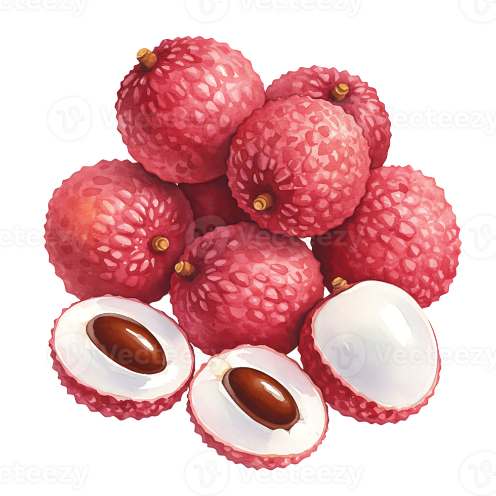 A cluster of lychee fruits with textured pink skin and some cut open showing the seed and pulp inside on transparent background png