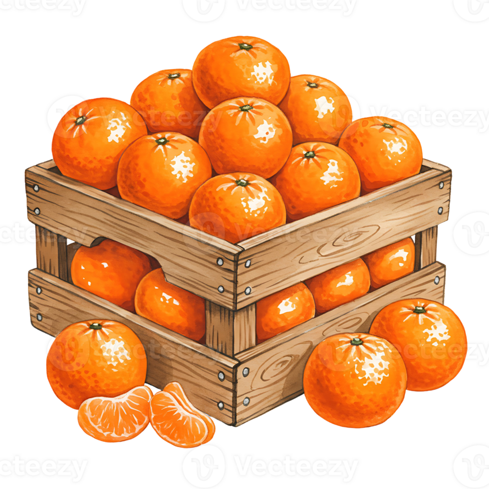 A Watercolor crate filled with many tangerines and some segments are placed near the crate on the surface on transparent background png