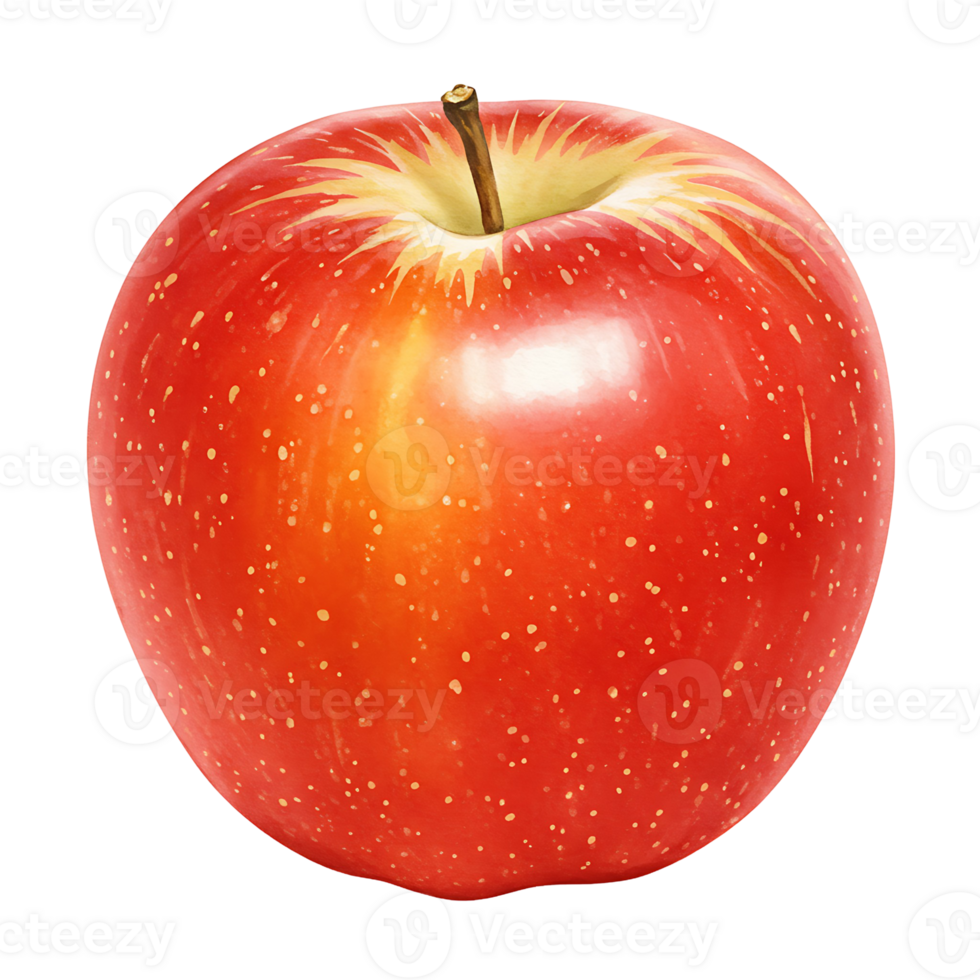 A vibrant red apple with a stem and speckled surface against a plain solid color backdrop view from front on transparent background png