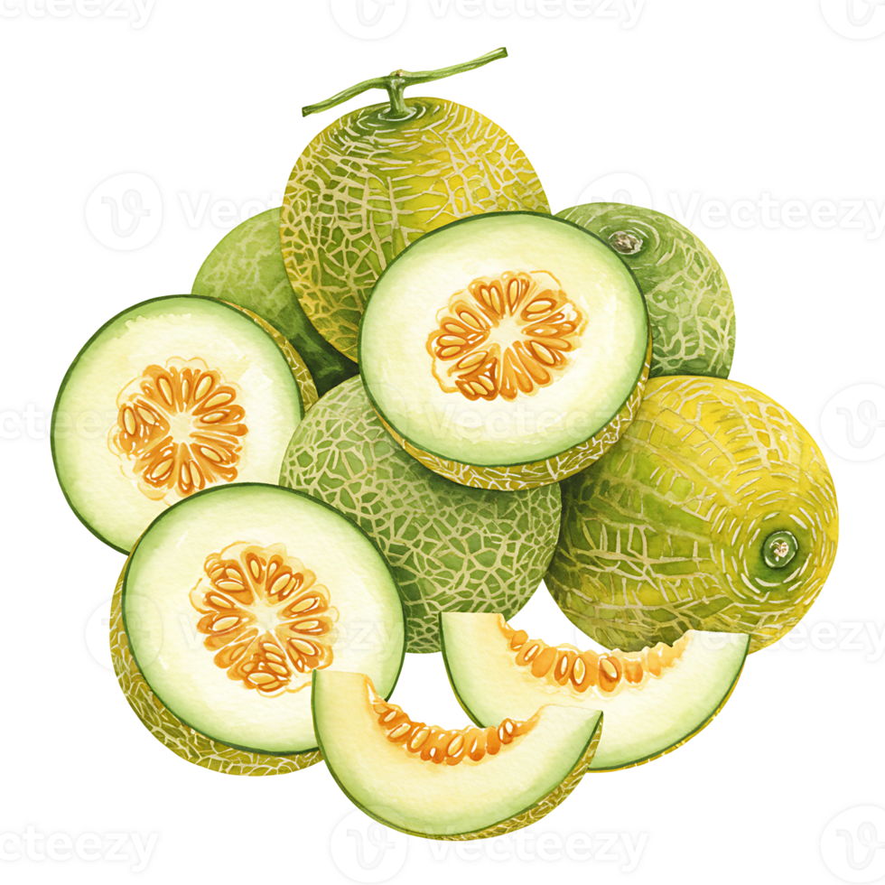 A Watercolor of Watercolor cantaloupes with some sliced open showing the seeds and juicy flesh inside on transparent background png