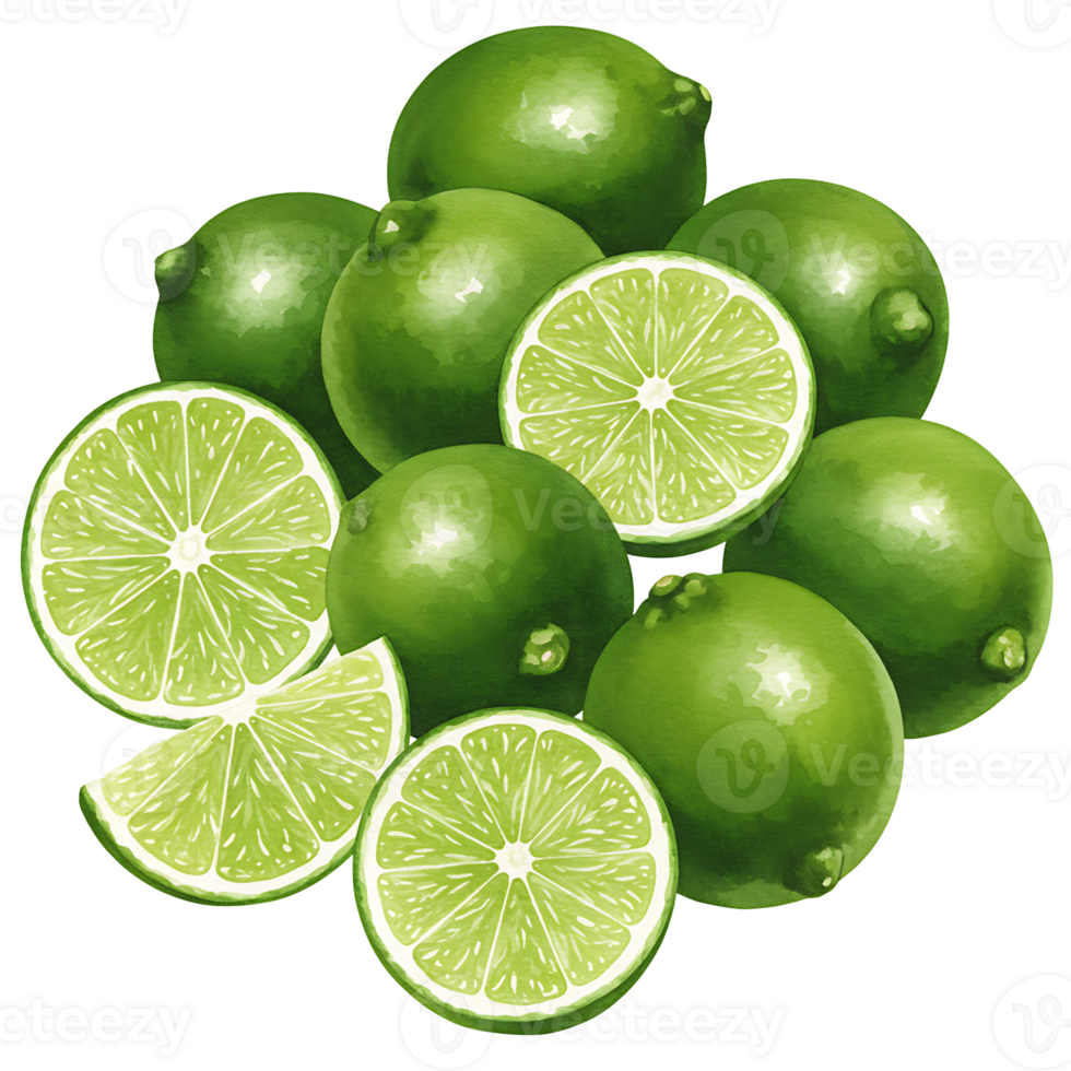 A vibrant Watercolor of whole and sliced limes arranged on a plain surface in a close up shot view on transparent background png