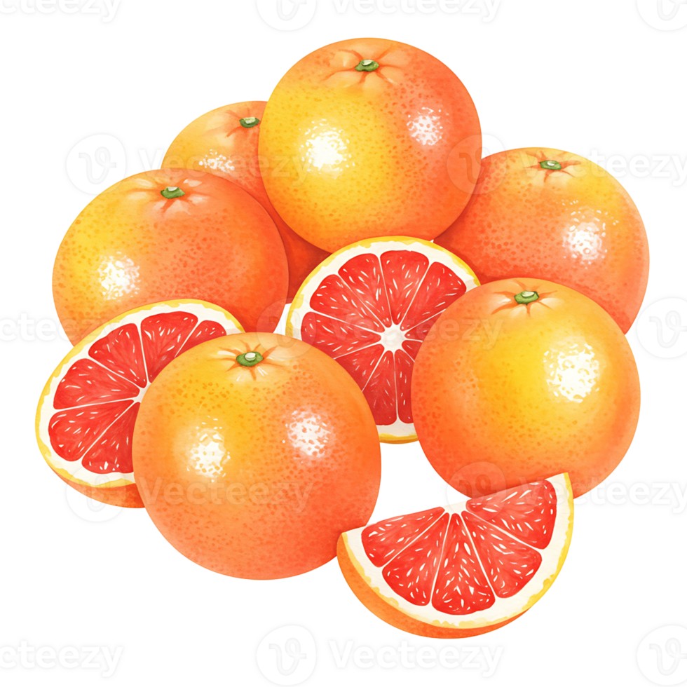 A Watercolor of several grapefruits with some sliced open showing the juicy red insides of the fruit on transparent background png