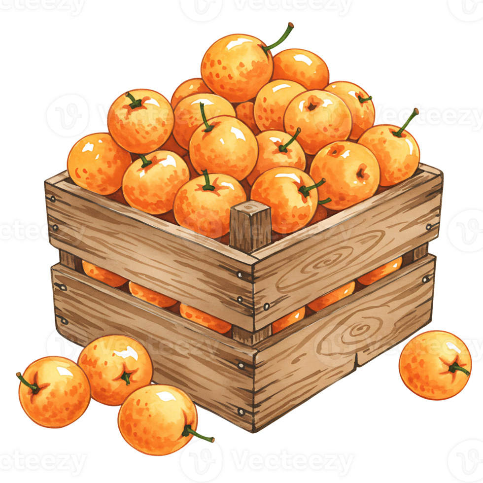 A Watercolor crate filled with many ripe loquats and some loquats are scattered around the crate base on transparent background png