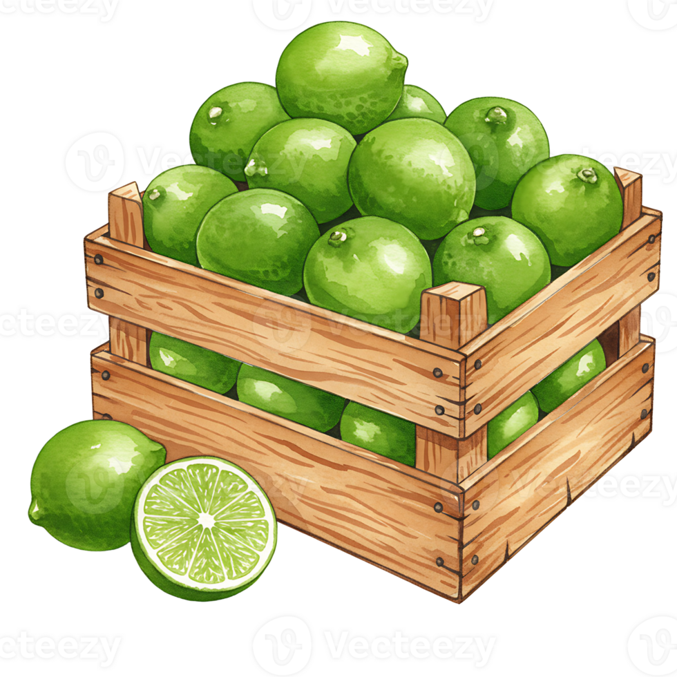 A Watercolor crate filled with many Watercolor green limes and a sliced lime sitting beside the crate image art on transparent background png