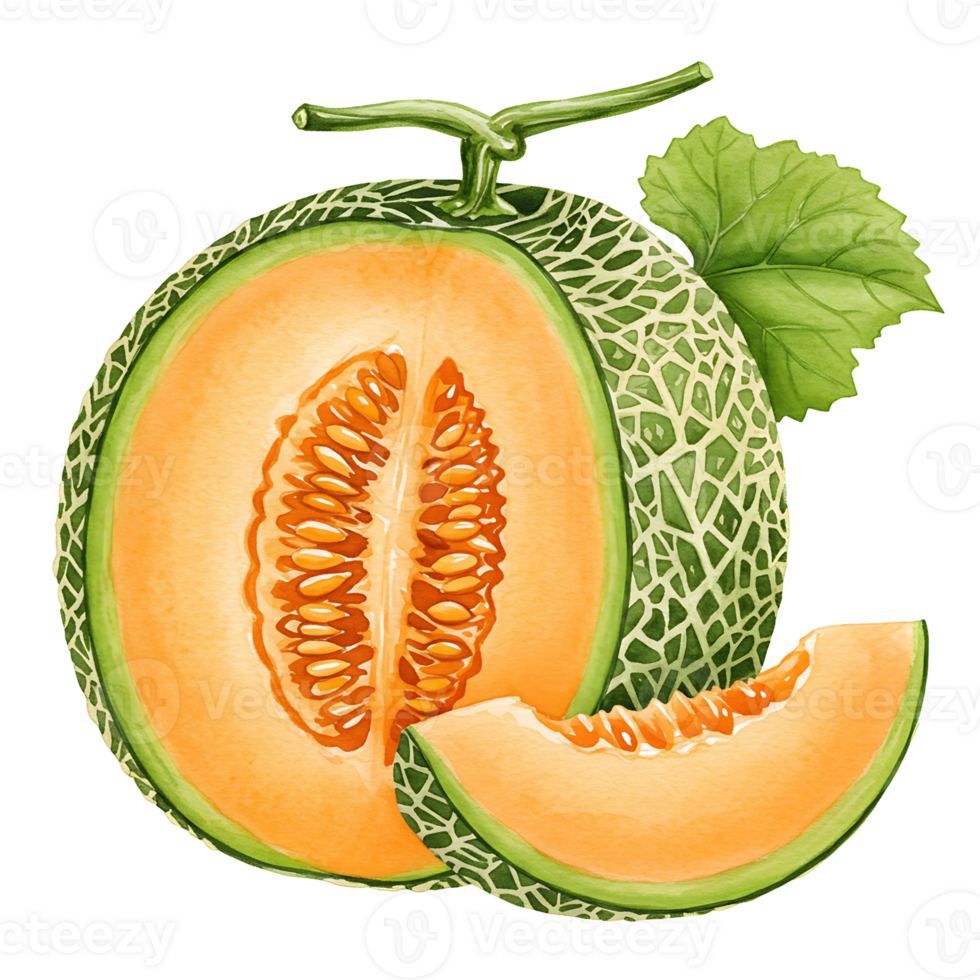 A cantaloupe fruit cut open with seeds and a slice next to the whole fruit with a leaf attached on transparent background png