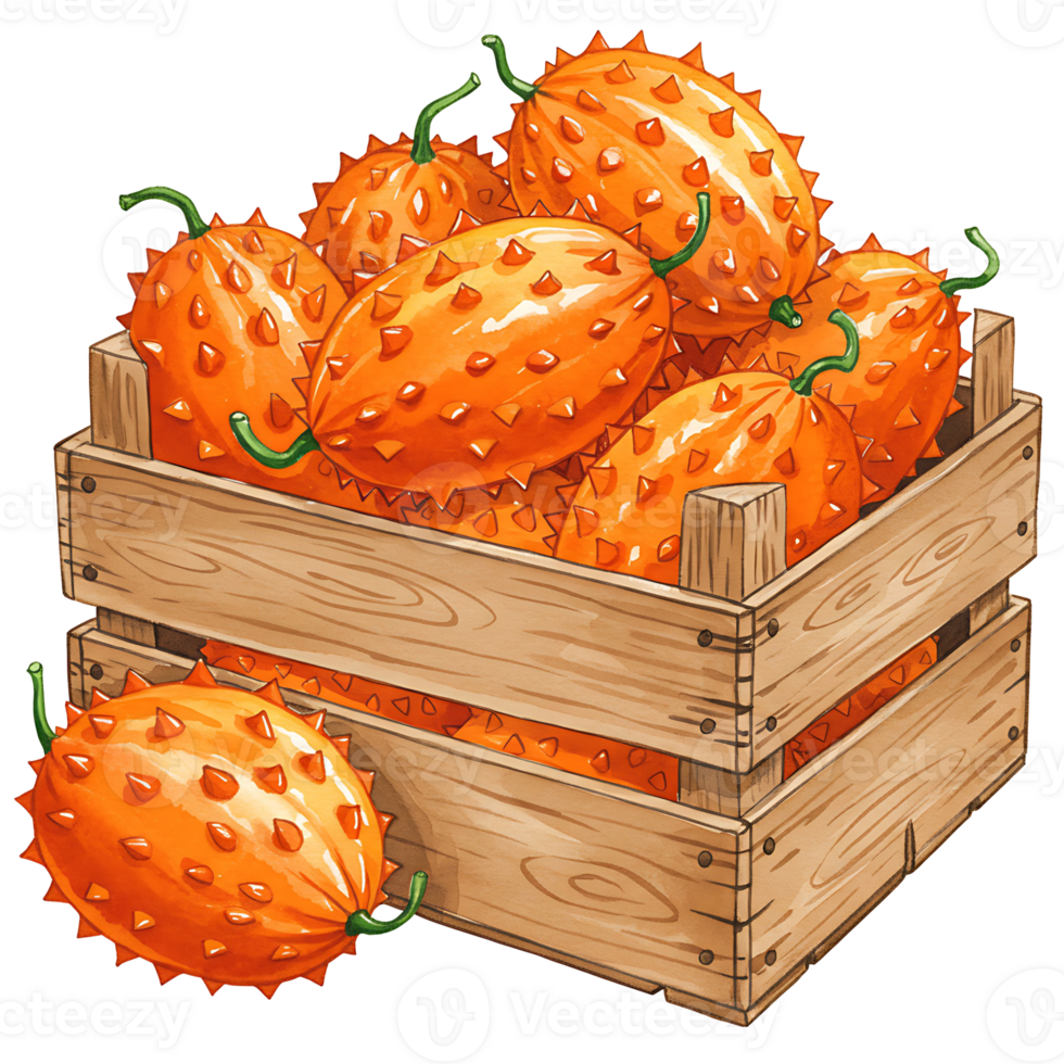A Watercolor crate filled with several horned melons, one lying beside it on a transparent surface on transparent background png