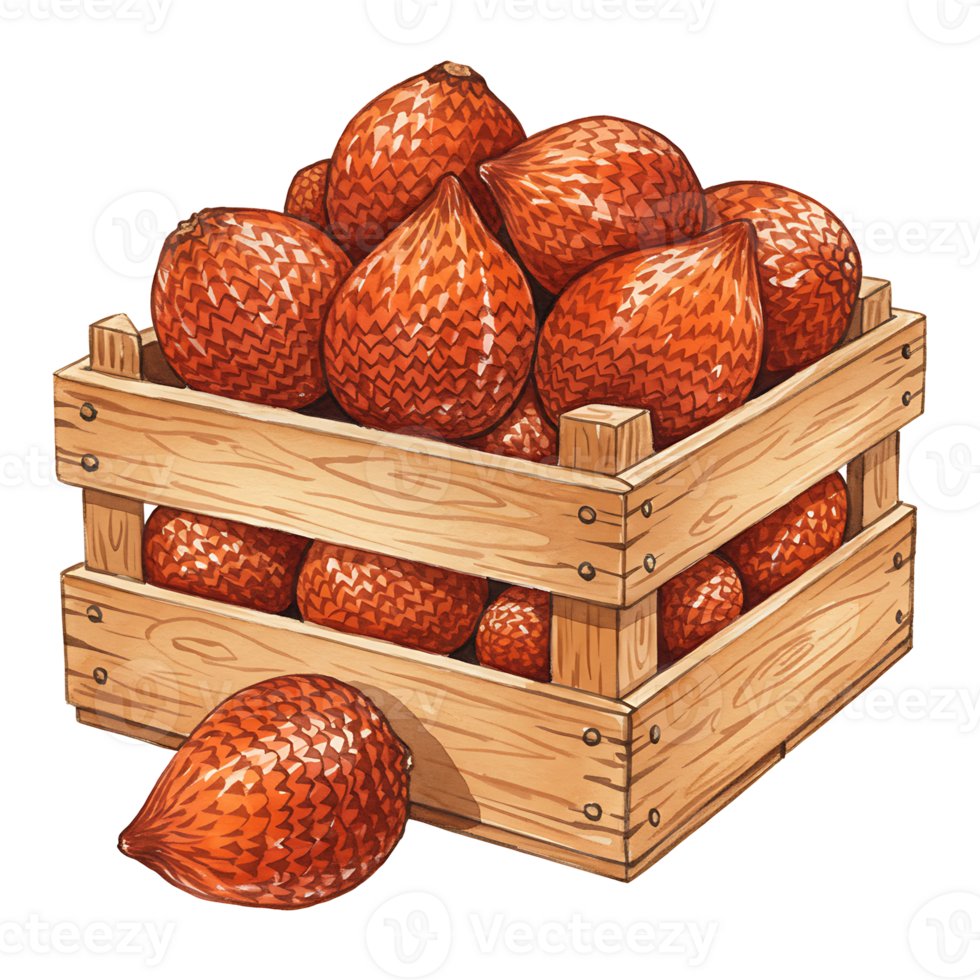 A Watercolor crate filled with salak fruits and one salak fruit placed next to the crate on the ground on transparent background png