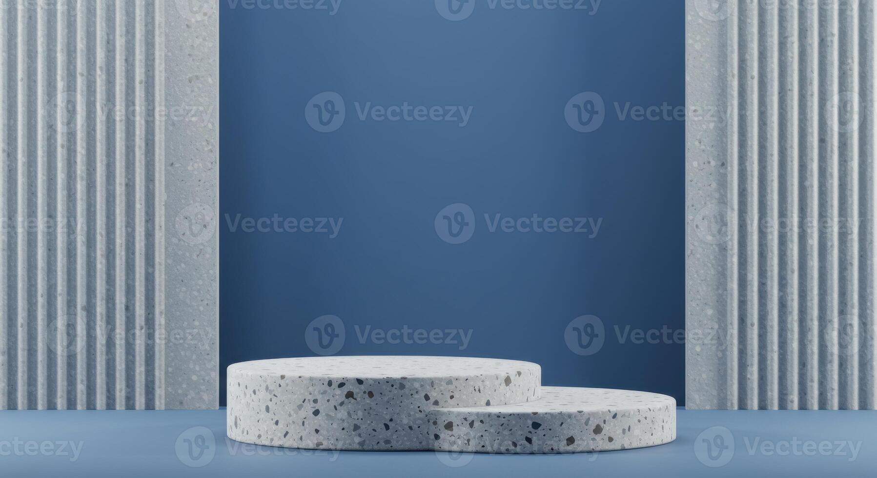 Minimalist studio scene with a multi-level terrazzo stand and a clean blue and grey aesthetic photo
