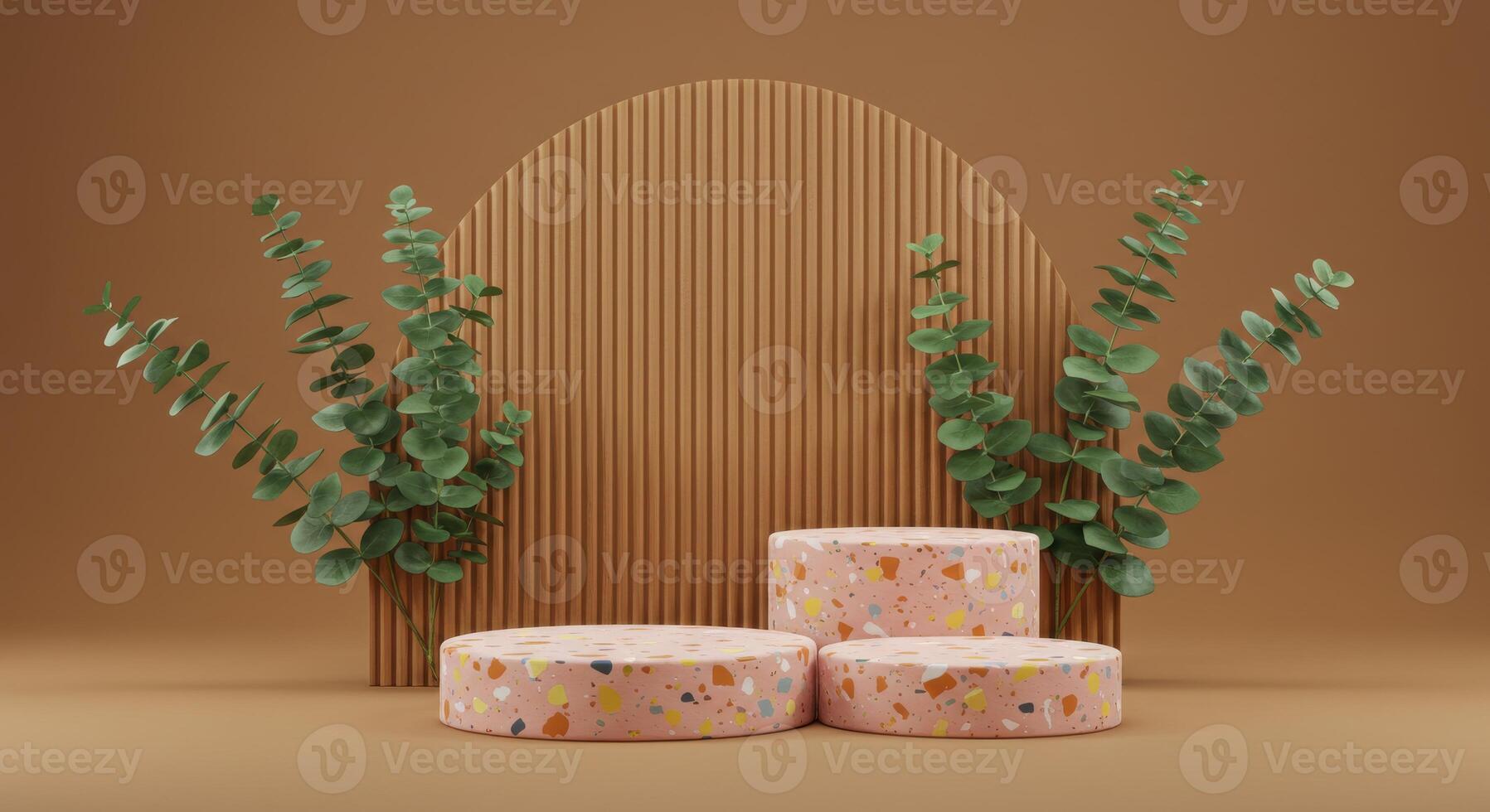 Three terrazzo podiums stand before a ribbed arch and eucalyptus branches in warm earth tones photo