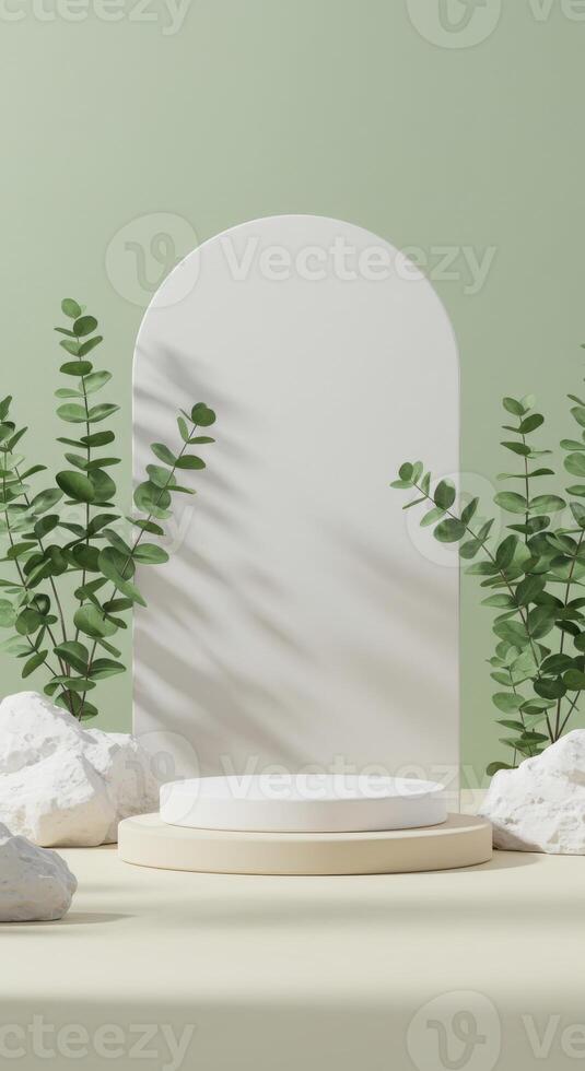 Minimalist product display with a white and beige stand, textured white stones, and fresh eucalyptus branches photo