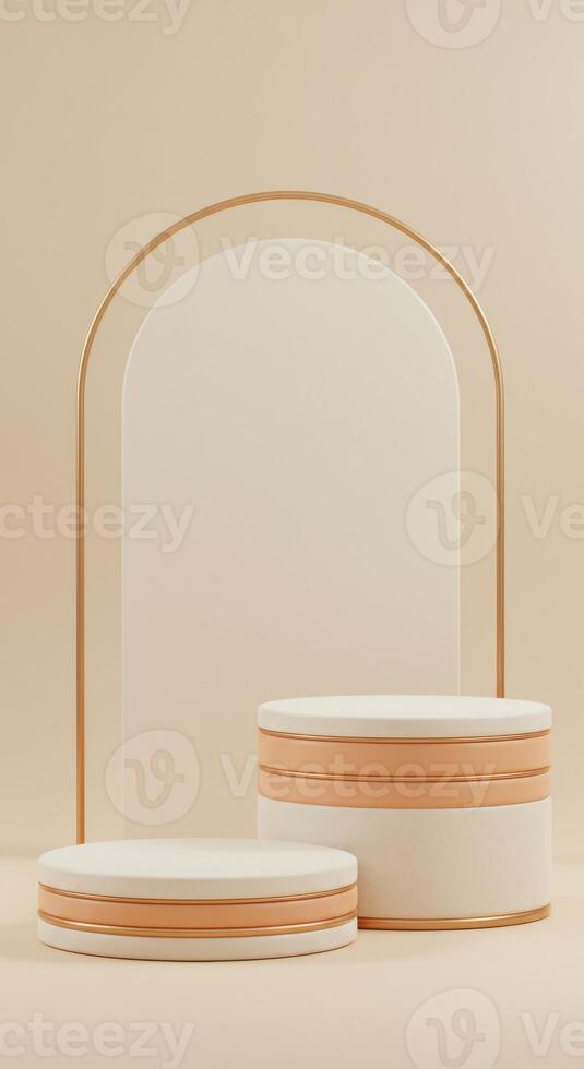 Clean studio scene with marble textured podiums and a stylish white and gold backdrop photo