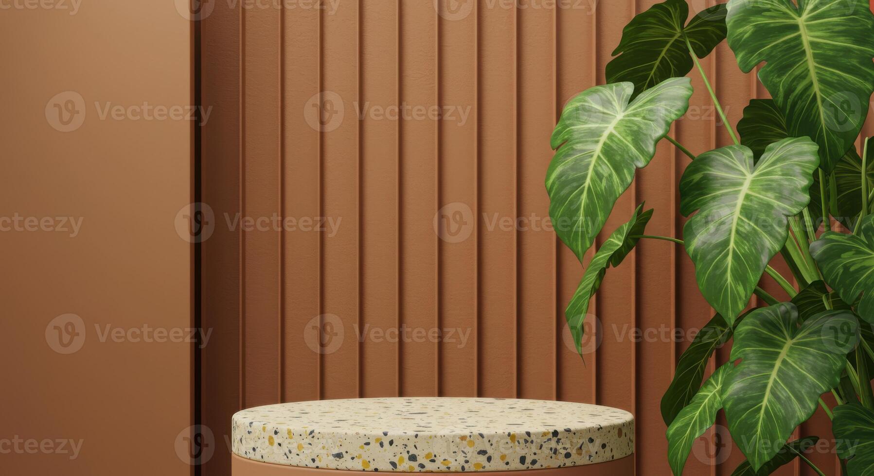 A terrazzo-topped podium sits before a textured brown wall and lush green foliage photo