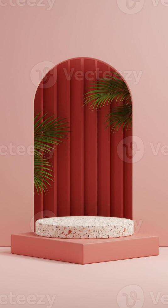 Minimalist product display featuring a terrazzo platform and tropical foliage in a warm pastel setting photo