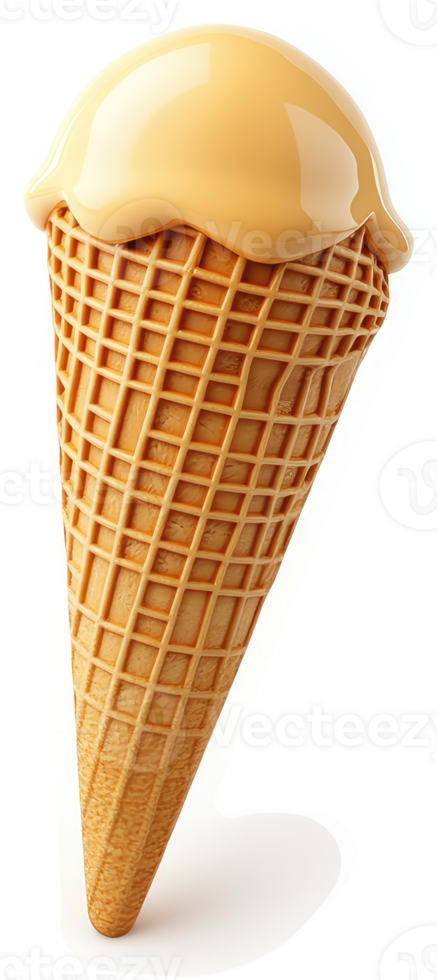 Creamy vanilla ice cream in a waffle cone. png