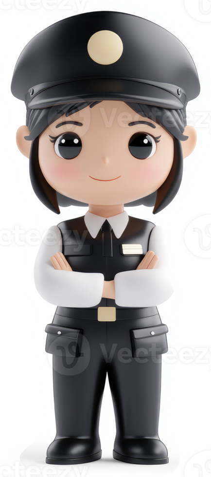 Cartoon security guard figurine in black uniform. png