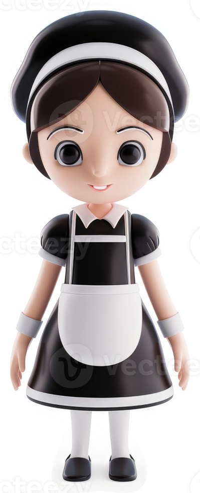 Smiling cartoon maid in black and white uniform. png