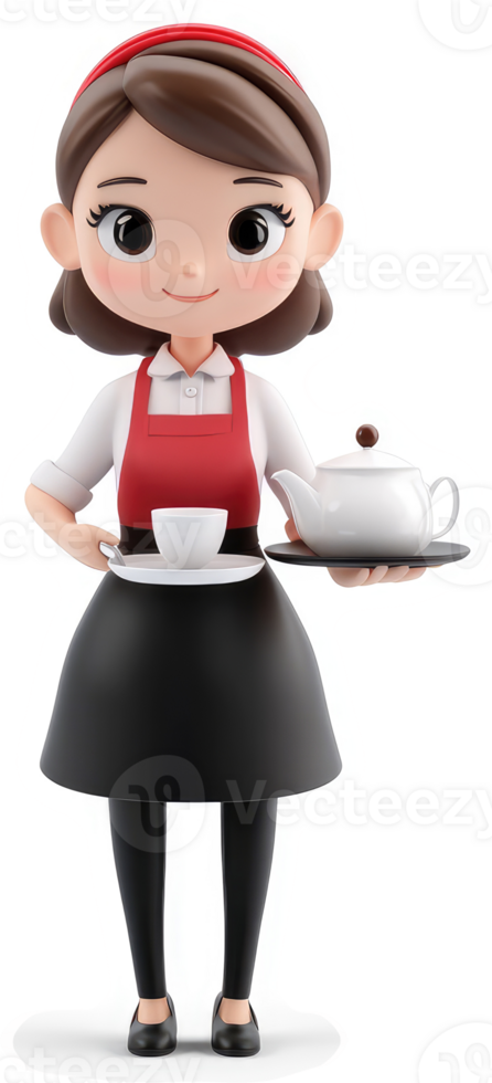 Cartoon waitress serving tea. png