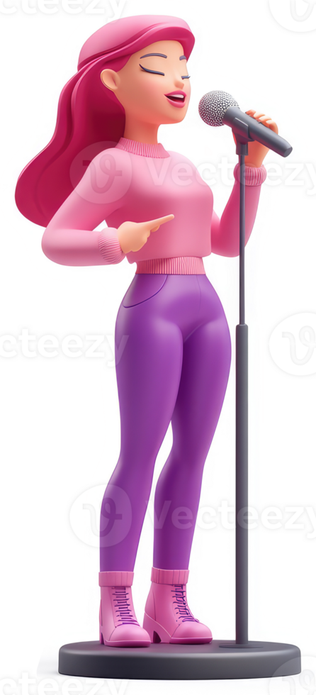Energetic female cartoon character singing into a microphone. png