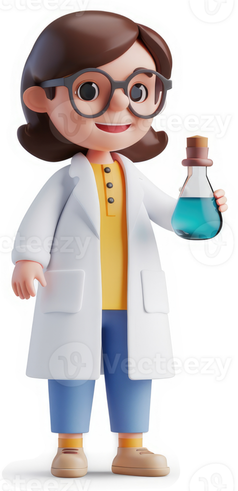 Cartoon female scientist holding a beaker. png