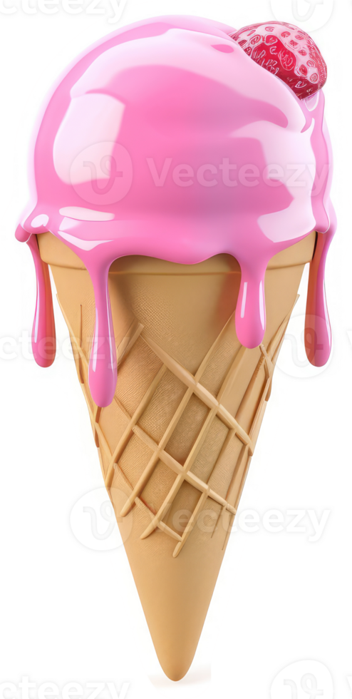 Melted pink ice cream cone with a strawberry topping. png